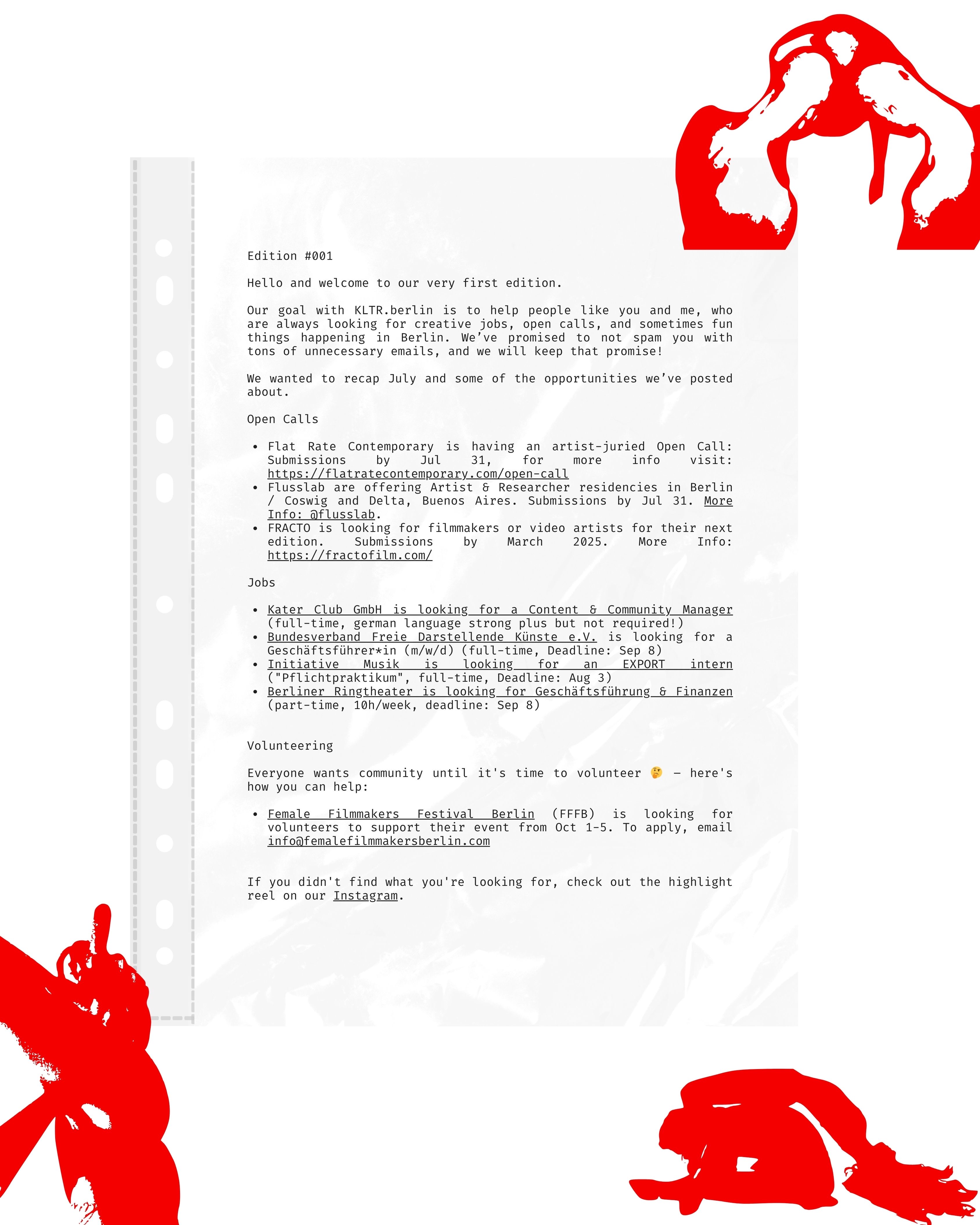 KLTR Berlin Newsletter Edition 001 featuring jobs at Kater Club, Berliner Ringtheater, Initiative Musik, and Bundesverband Freie Darstellende Künste