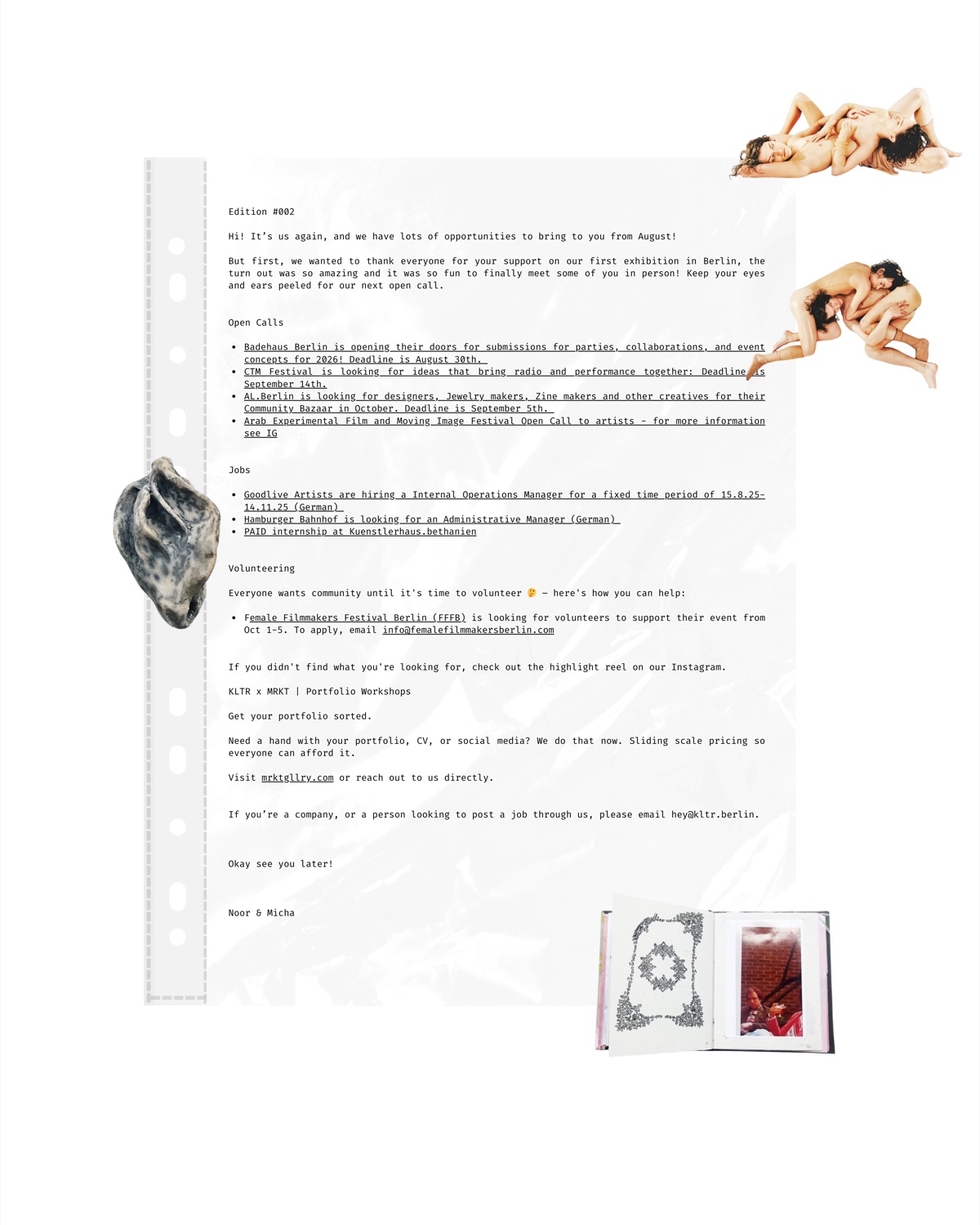 KLTR Berlin Newsletter Edition 002 featuring Berlin art and culture opportunities