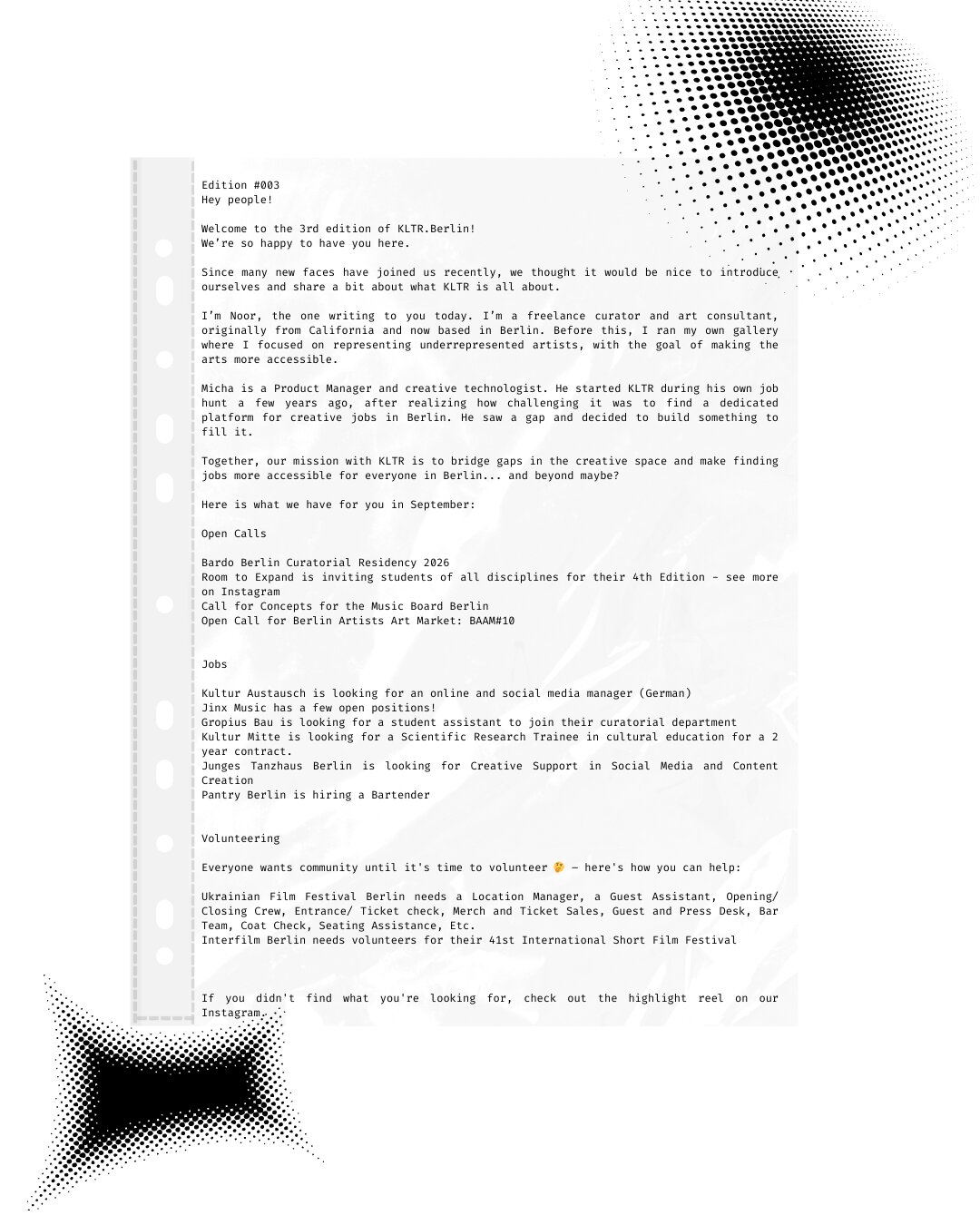 KLTR Berlin Newsletter Edition 003 featuring Berlin art jobs, curatorial residencies, and cultural opportunities