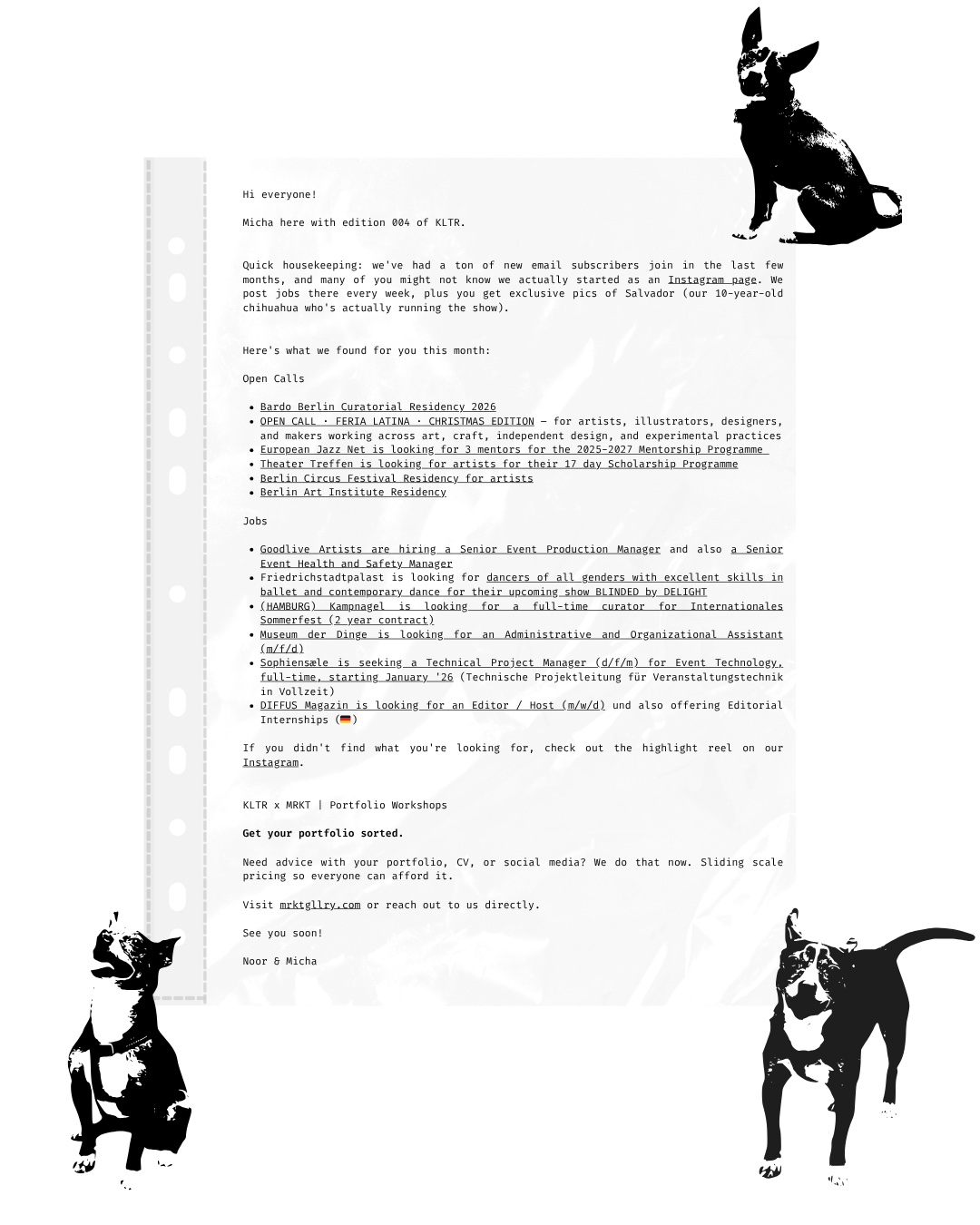 KLTR Berlin Newsletter Edition 004 featuring Berlin art jobs, curatorial residencies, circus festival, and cultural opportunities