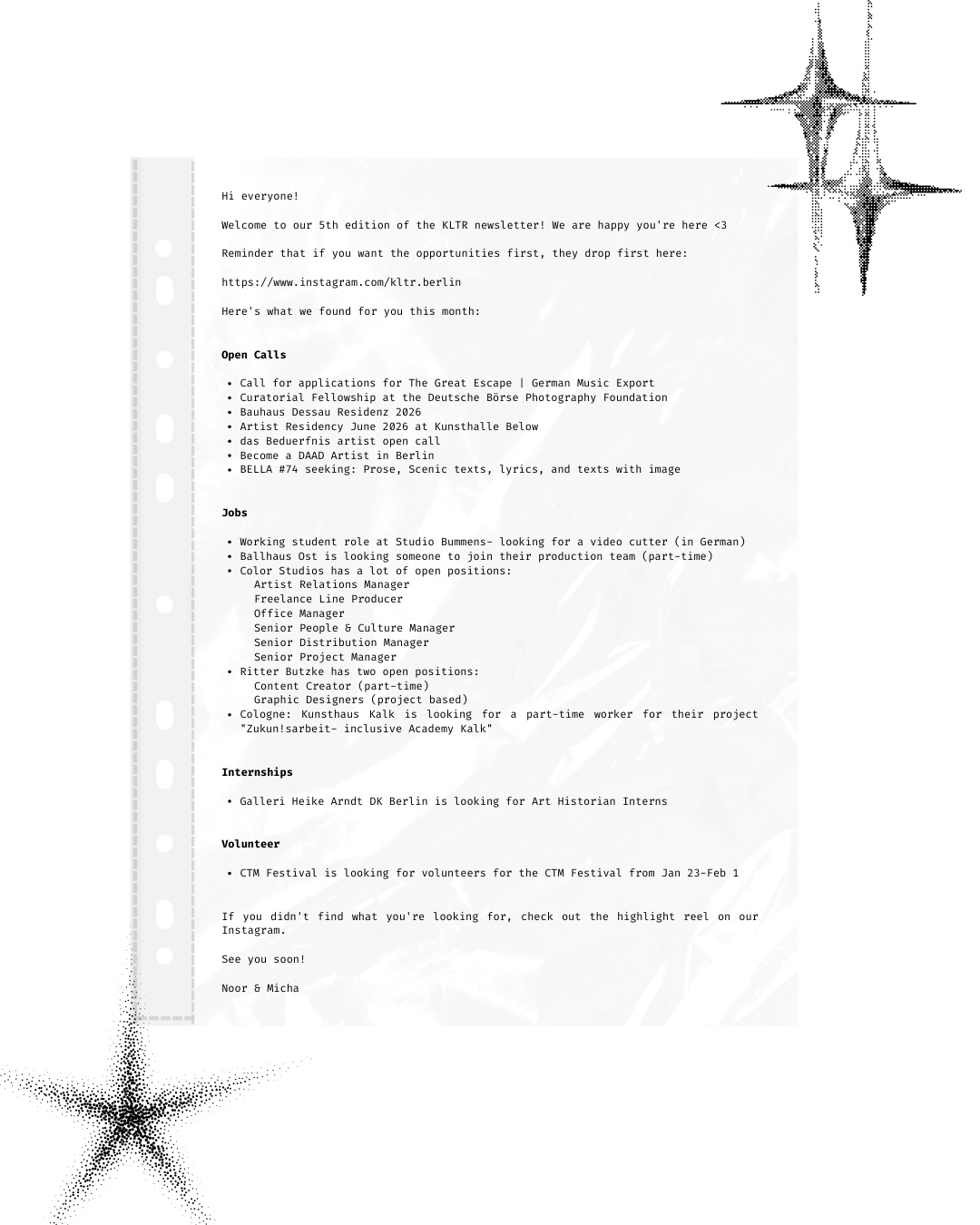 KLTR Berlin Newsletter Edition 005 featuring Berlin art jobs, residencies, CTM Festival volunteers, and cultural opportunities